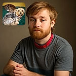 Two adorable dogs curled up on a green cushion against a yellow wall; one dog looks directly at the camera with bright eyes while the other rests peacefully in the background, creating a cozy and heartwarming scene.