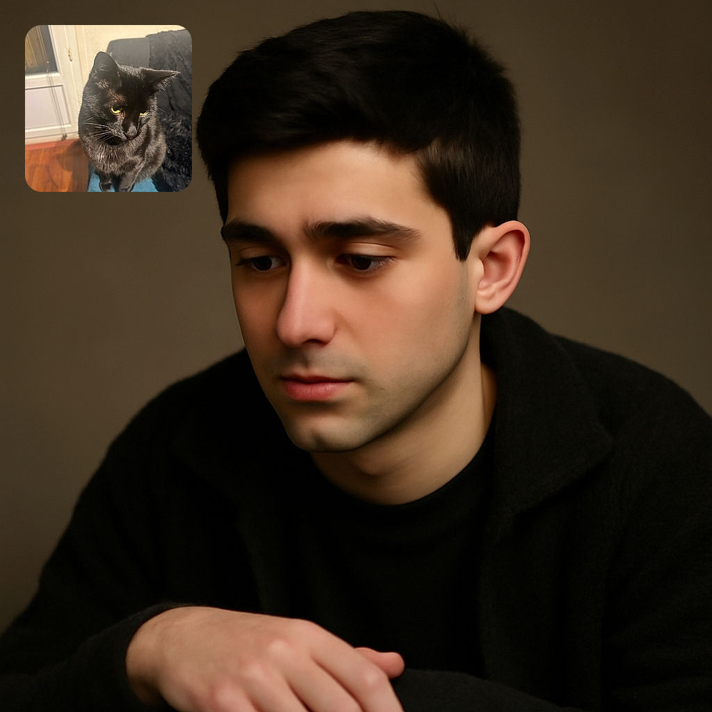 A black cat with striking yellow eyes sits gracefully on a blue blanket, looking slightly to the side with a pensive expression. The background shows a cozy indoor setting with a door and textured wall, and warm wooden flooring adds to the homely vibe.