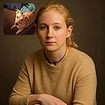A light brown dog with a curious expression is lying on a bed covered with brown and green blankets, looking up at the camera with one ear playfully flopped over.