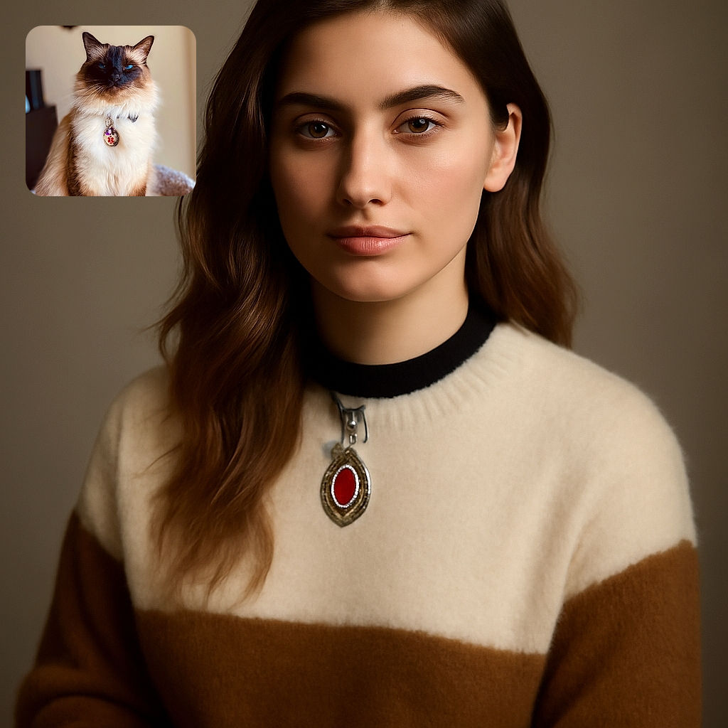A majestic fluffy cat with deep blue eyes and a medical alert tag poses regally on a cozy bed, looking like the guardian of the house with a slightly mysterious expression.