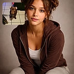A curious brown puppy with folded ears sits on a tiled floor looking up with big, soulful eyes. Part of another dog is visible on the left, and a couch with a pink polka dot blanket drapes in the background, adding a cozy home vibe.