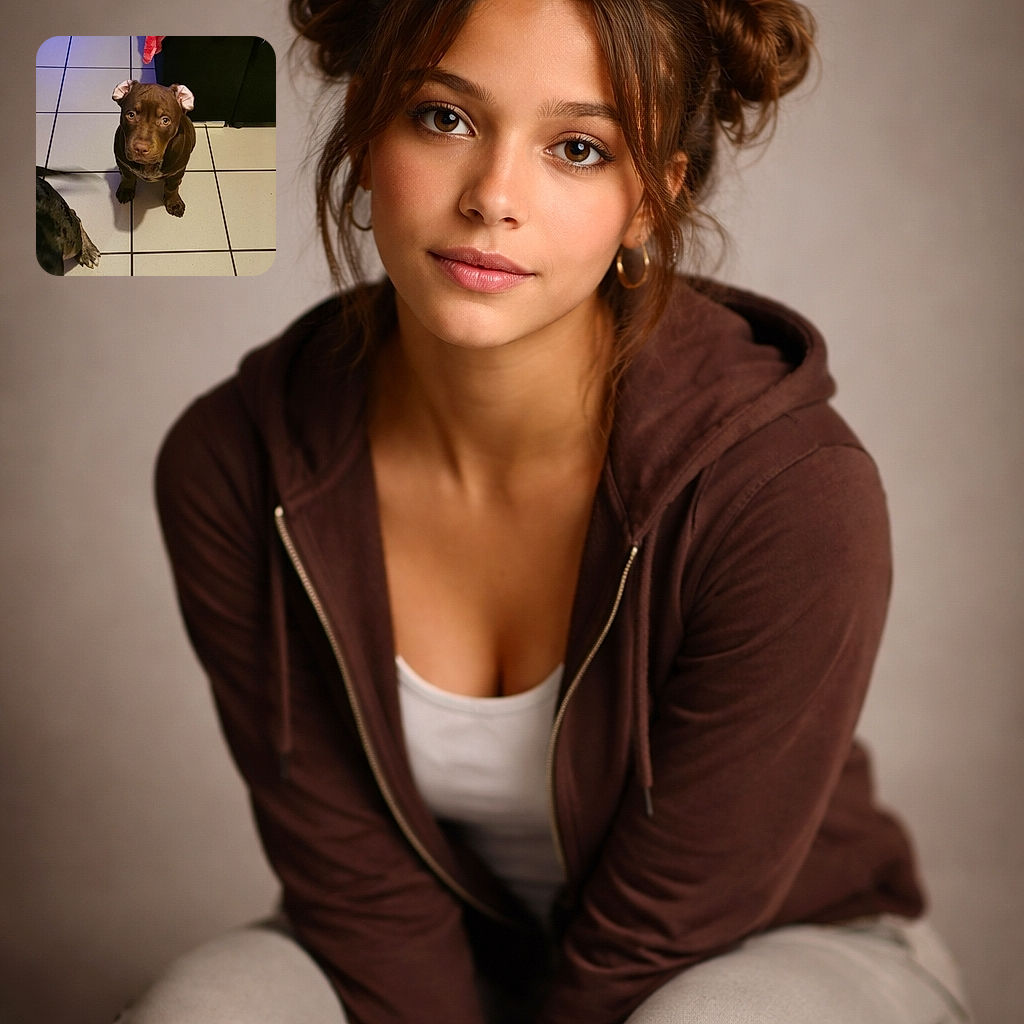 A curious brown puppy with folded ears sits on a tiled floor looking up with big, soulful eyes. Part of another dog is visible on the left, and a couch with a pink polka dot blanket drapes in the background, adding a cozy home vibe.