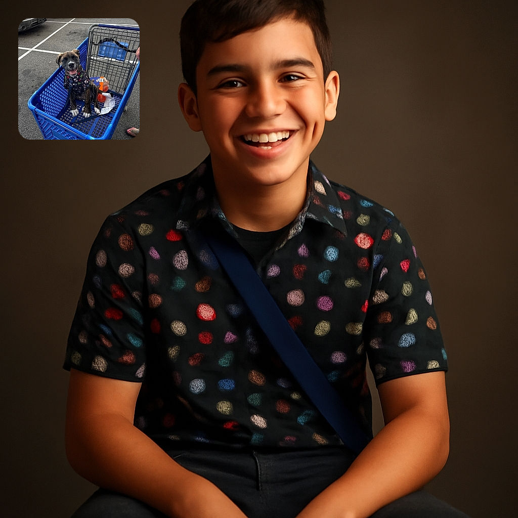 A happy puppy wearing a colorful shirt sits comfortably inside a blue shopping cart in a parking lot, surrounded by a few toys and a long receipt, with a person's feet visible nearby.
