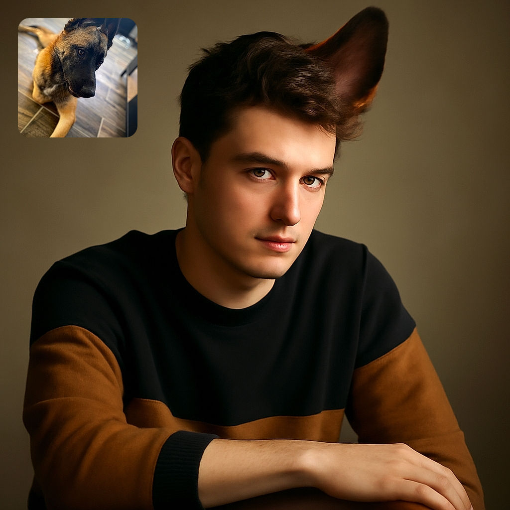 A close-up photo of a German Shepherd dog lying on a wooden tiled floor, looking attentively to the side with soft natural lighting highlighting its expressive eyes and fur texture.