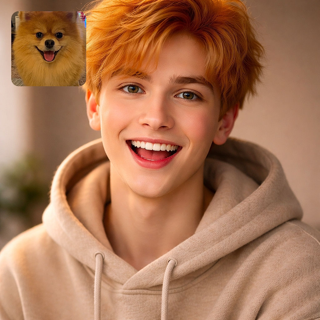 A delightfully smug Pomeranian fills the frame with a fluffy face, tongue lolling and eyes gleaming like it just told a clever joke — a colorful TV sign blurs behind like background applause.