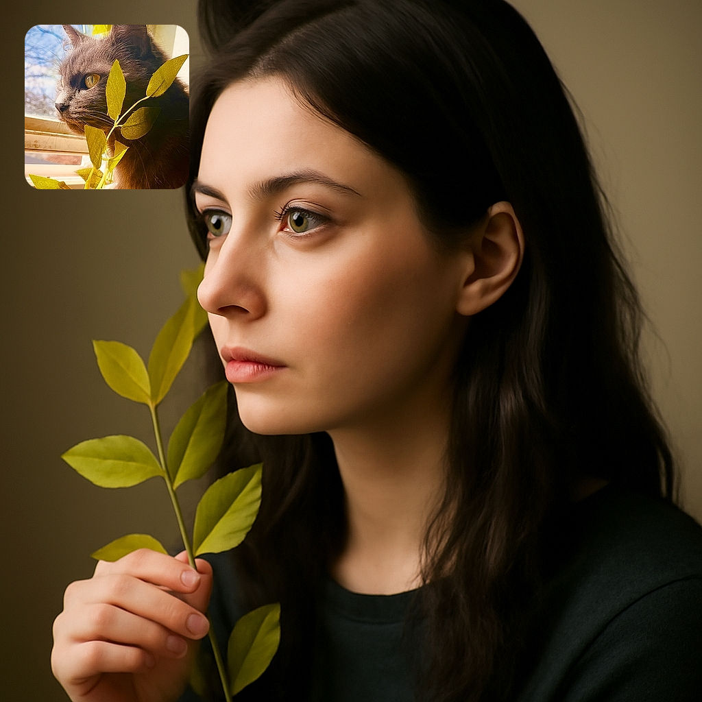 A close-up of a fluffy gray cat gazing thoughtfully out a sunlit window, with vibrant green leaves in the foreground creating a cozy, nature-infused scene.