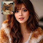 A fluffy brown and white dog with large ears stares directly at the camera, eyes reflecting the light like glowing orbs. The background shows a kitchen setting with a hand gently holding the dog's side, adding a cozy, homey vibe.