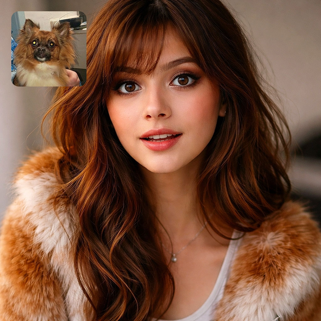 A fluffy brown and white dog with large ears stares directly at the camera, eyes reflecting the light like glowing orbs. The background shows a kitchen setting with a hand gently holding the dog's side, adding a cozy, homey vibe.