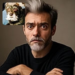 A close-up photo of a scruffy dog with wide, expressive eyes and a tuft of white fur on its head, looking slightly startled or curious while resting on a blue surface.