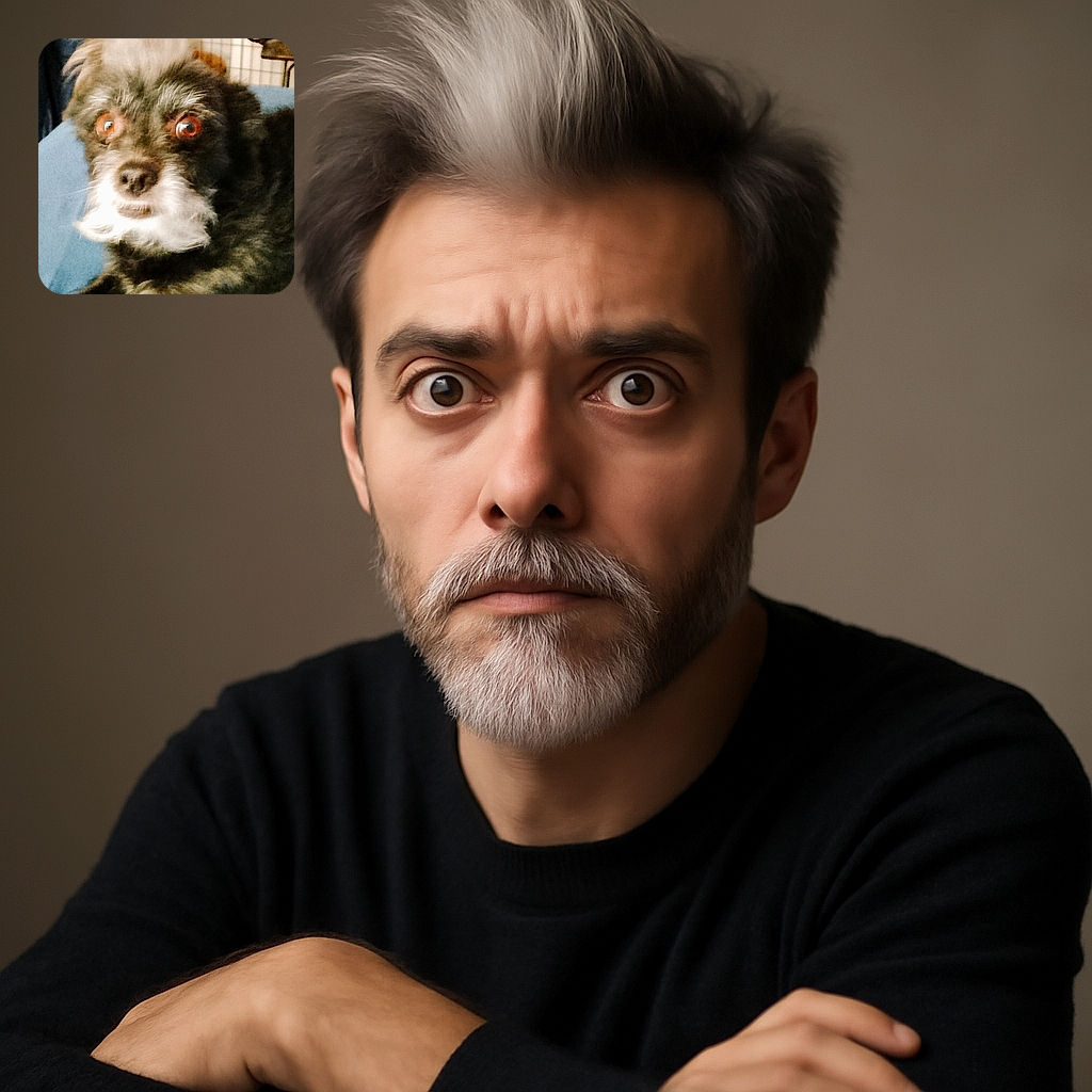 A close-up photo of a scruffy dog with wide, expressive eyes and a tuft of white fur on its head, looking slightly startled or curious while resting on a blue surface.
