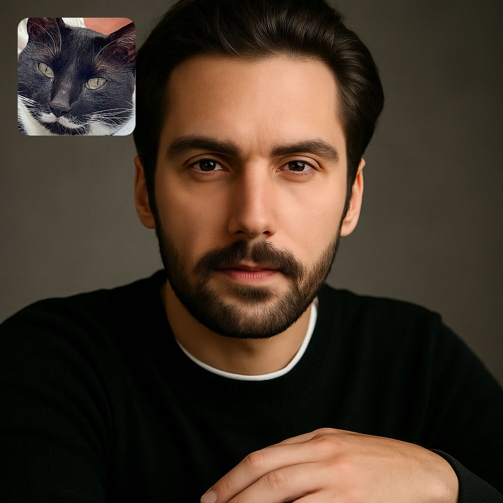 A close-up portrait of a black and white tuxedo cat with striking green eyes and white whiskers, resting comfortably on a soft surface with a paw prominently in the foreground.