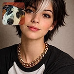 A close-up photo of a curious dog with black and white fur, wearing a chain collar, gazing directly at the camera with soulful eyes, against a warm-toned patterned background.