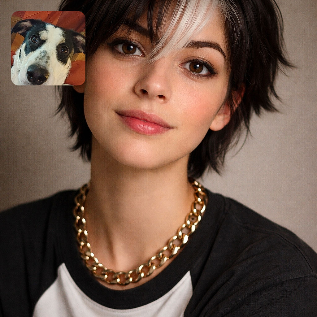 A close-up photo of a curious dog with black and white fur, wearing a chain collar, gazing directly at the camera with soulful eyes, against a warm-toned patterned background.