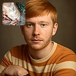 A charming ginger cat with striking green eyes lounges comfortably on a bed of dry grass and fallen leaves, surrounded by lush green foliage, looking up inquisitively as if pondering the mysteries of the garden.