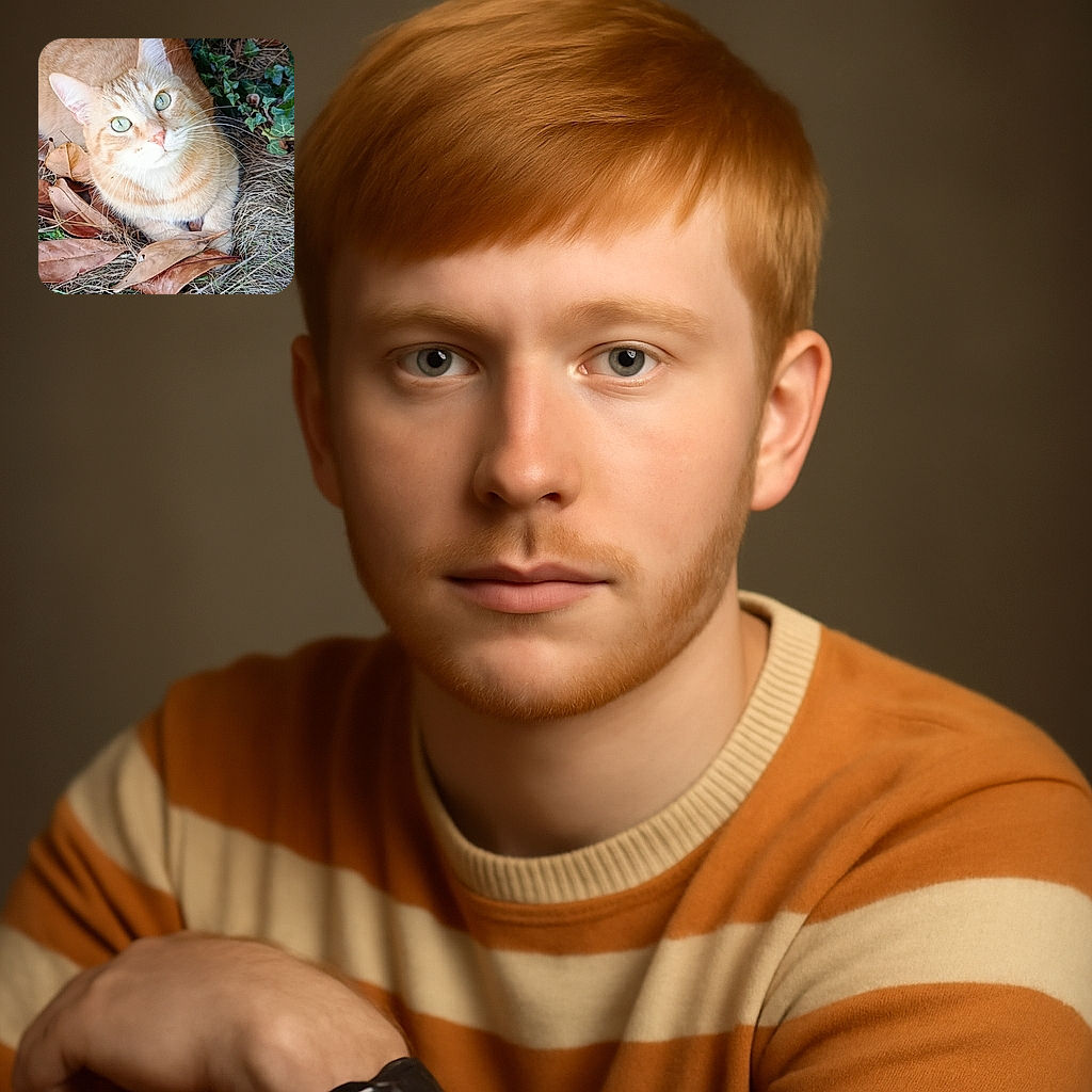 A charming ginger cat with striking green eyes lounges comfortably on a bed of dry grass and fallen leaves, surrounded by lush green foliage, looking up inquisitively as if pondering the mysteries of the garden.