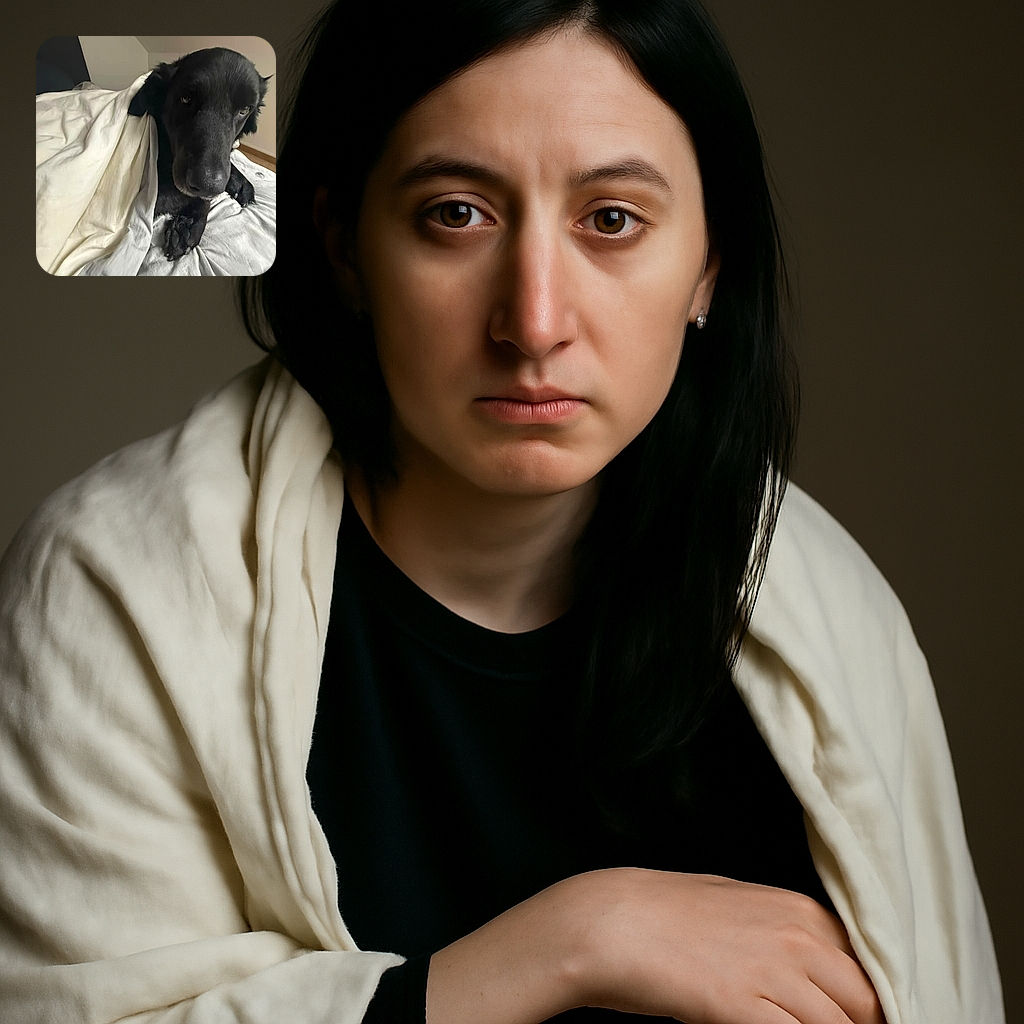 A cozy black dog peeks out from under a white blanket on a bed, looking adorably sleepy and snug as if it just woke up from a perfect nap in a calm, softly lit room.