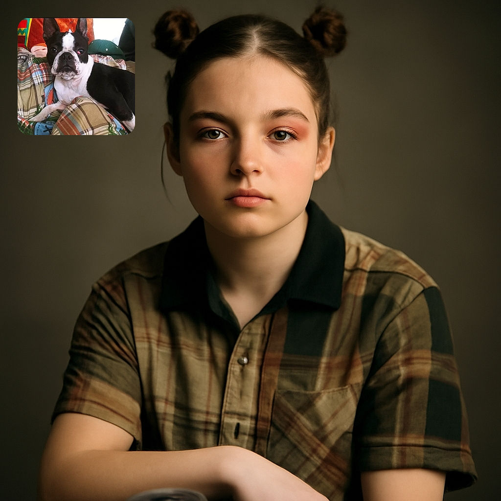 A close-up photo of a black and white Boston Terrier dog lounging on a colorful plaid blanket, looking directly at the camera with a curious expression, one eye slightly red.