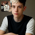 A curious white and tabby kitten lounges comfortably on a dark surface, with a person's arm and upper body partially visible in the background, creating a cozy and intimate snapshot.
