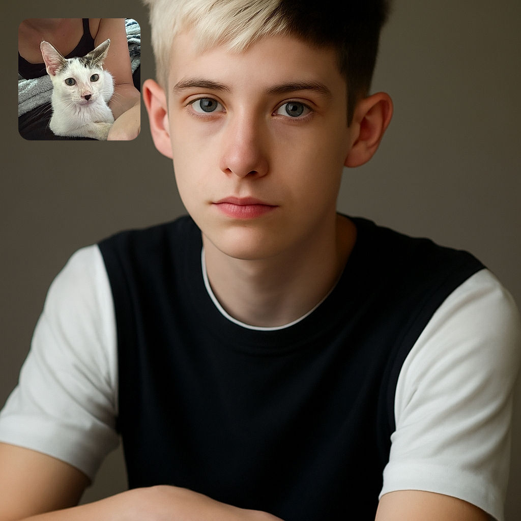 A curious white and tabby kitten lounges comfortably on a dark surface, with a person's arm and upper body partially visible in the background, creating a cozy and intimate snapshot.