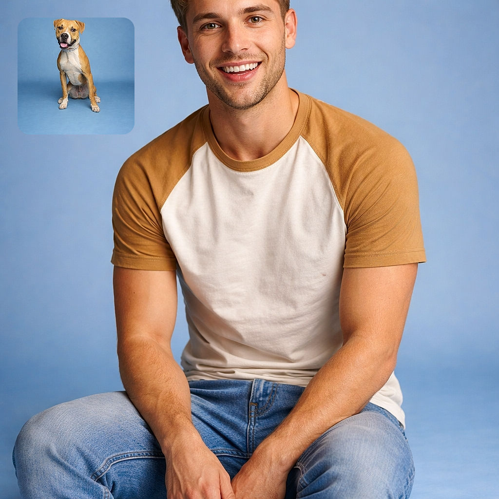 A happy brown and white dog sits proudly against a smooth blue backdrop, tongue out and ears perked up, looking like it's ready for its close-up in a professional studio portrait.