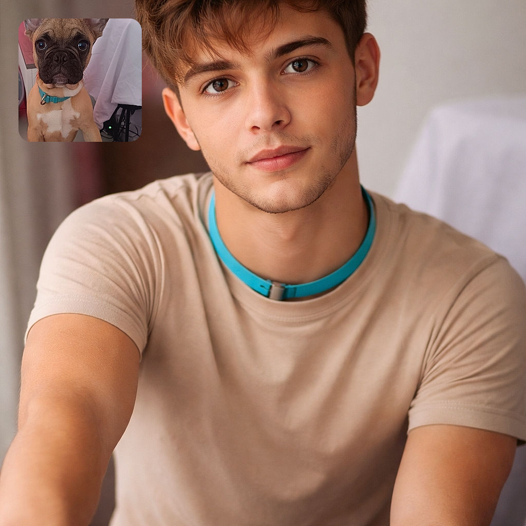 An impossibly earnest French bulldog puppy stares straight into the camera with giant bat ears, a teal collar, and a face full of serious questions about snacks and naps — background shows a potted plant, a draped sheet, and a cozy blue blanket at the bottom.