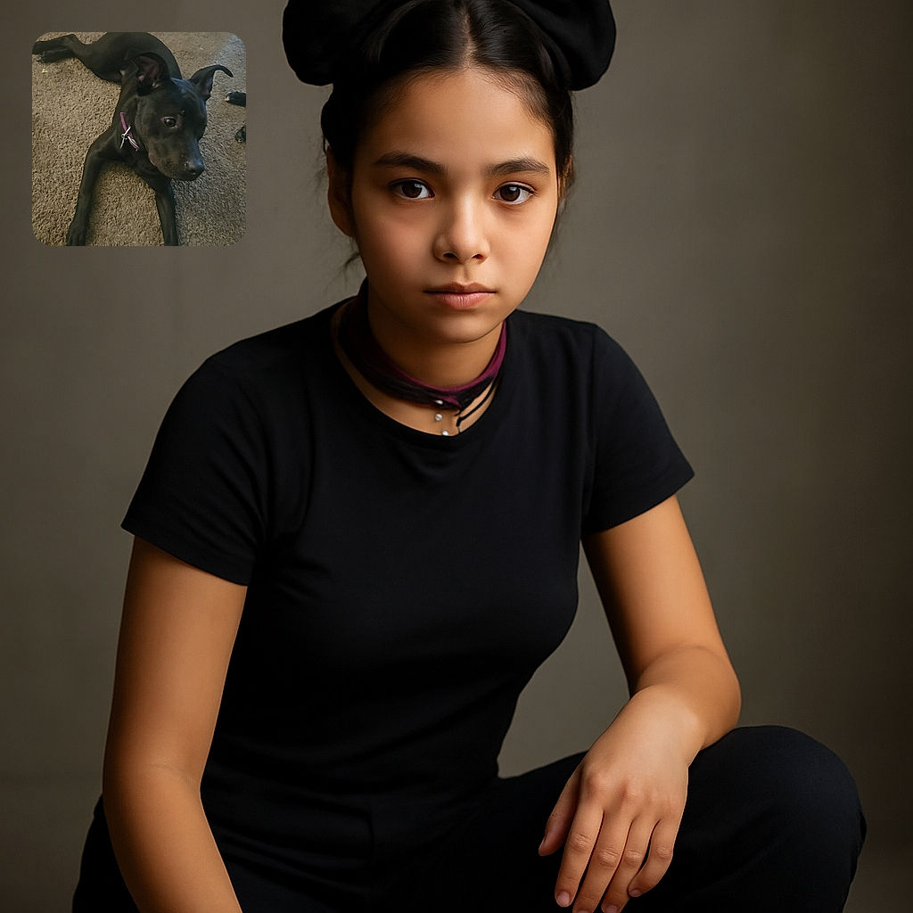 A sleek black dog with a purple collar lounges on a carpeted floor, looking curiously off to the side. Nearby, a foot wearing a sandal peeks into the frame, and colorful toys are scattered in the background, adding a cozy and playful vibe to the scene.