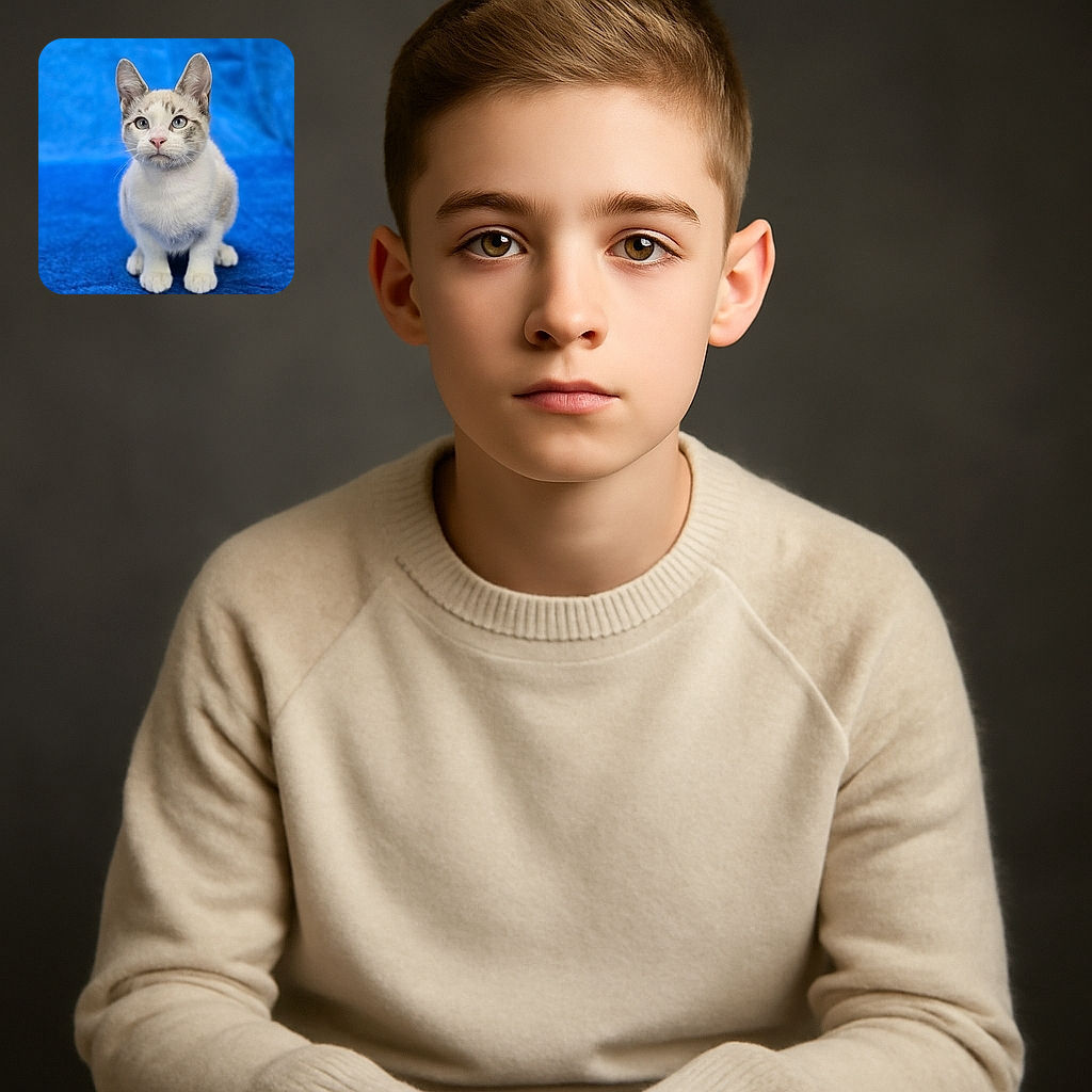 A curious kitten with striking blue eyes and soft fur sits attentively on a plush blue blanket, its ears perked up as if ready to pounce or meow at any moment.