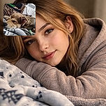 A cozy pup is peacefully napping on a soft, patterned blanket with a brown bedspread in the background, surrounded by a homey vibe complete with an air conditioner and a striped towel hanging nearby.