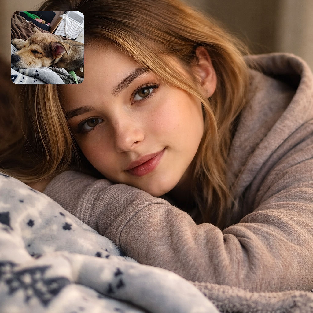 A cozy pup is peacefully napping on a soft, patterned blanket with a brown bedspread in the background, surrounded by a homey vibe complete with an air conditioner and a striped towel hanging nearby.