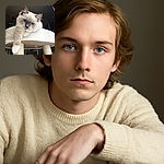 A fluffy cat with striking blue eyes lounges regally on a cozy cat tree, one paw dangling over the edge as if surveying its kingdom from a lofty throne.