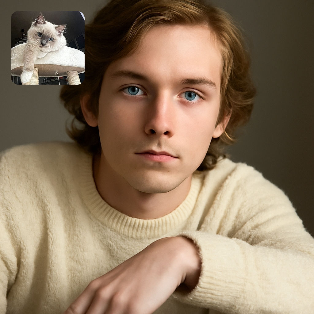 A fluffy cat with striking blue eyes lounges regally on a cozy cat tree, one paw dangling over the edge as if surveying its kingdom from a lofty throne.
