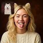 A fluffy white dog with a big smile and tongue out poses like a furry superstar against a warm, textured brown backdrop, looking as happy as a pup can be.
