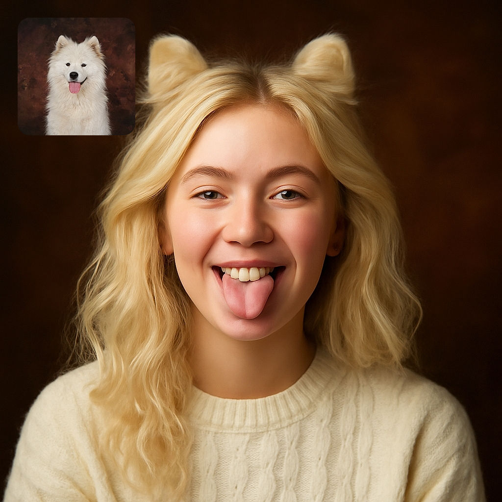 A fluffy white dog with a big smile and tongue out poses like a furry superstar against a warm, textured brown backdrop, looking as happy as a pup can be.