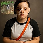 A patient black and white dog wearing a metal muzzle sits attentively on a dirt and leaf-strewn ground with some greenery and a wire fence in the background. An orange leash trails on the ground, adding a pop of color to the natural setting.