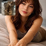 A relaxed tabby cat stretches out on a soft bed, eyes half-closed in contentment, with a fan spinning quietly in the background. The cat seems to be enjoying the breeze, humorously captioned about being a fan of the fan after the AC went down.