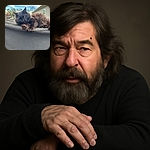 A fluffy black cat lounges lazily on a dark surface outdoors, with its tongue slightly sticking out and claws visible, under a bright blue sky with wispy clouds and some trees and houses in the background.