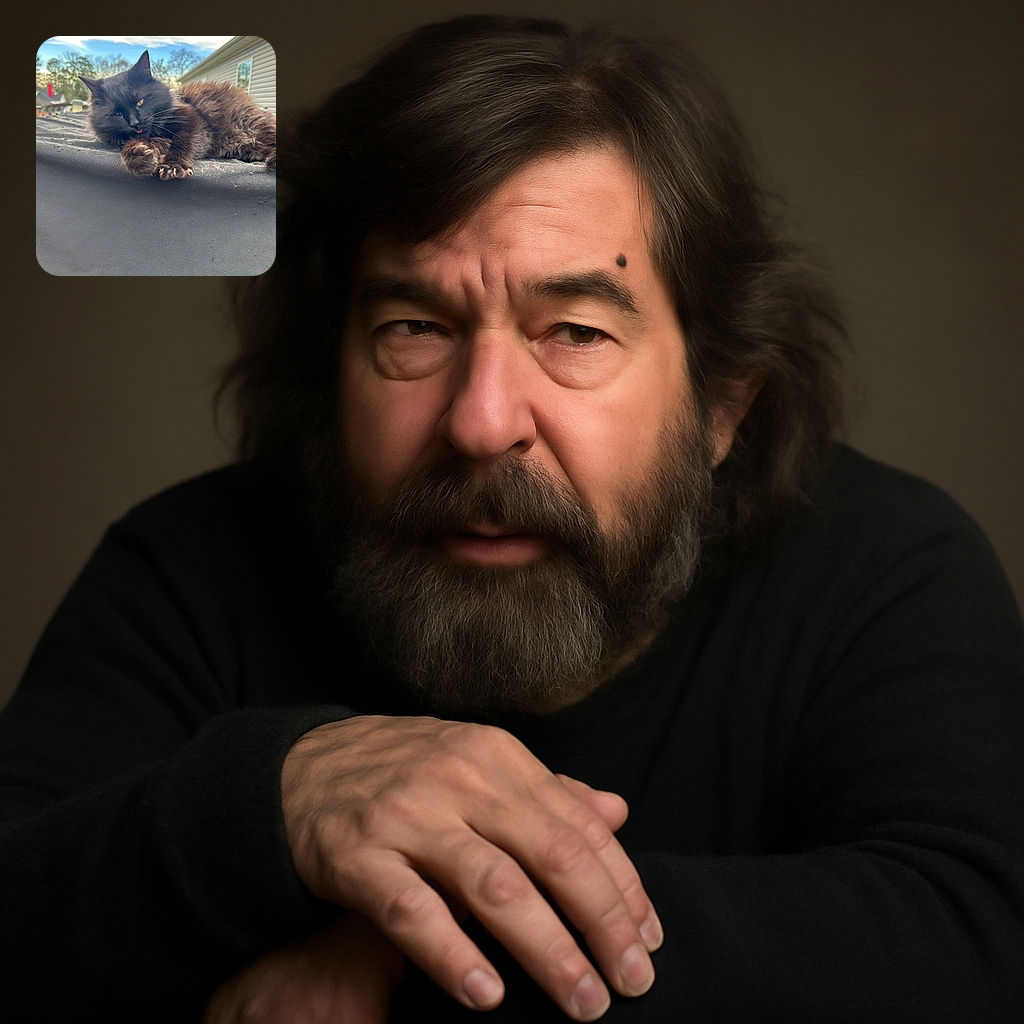 A fluffy black cat lounges lazily on a dark surface outdoors, with its tongue slightly sticking out and claws visible, under a bright blue sky with wispy clouds and some trees and houses in the background.