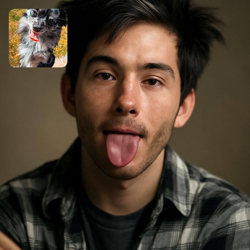 A playful dog with a speckled coat sticks out its tongue in a goofy, endearing way while standing on its hind legs outdoors with a blurred grassy background.