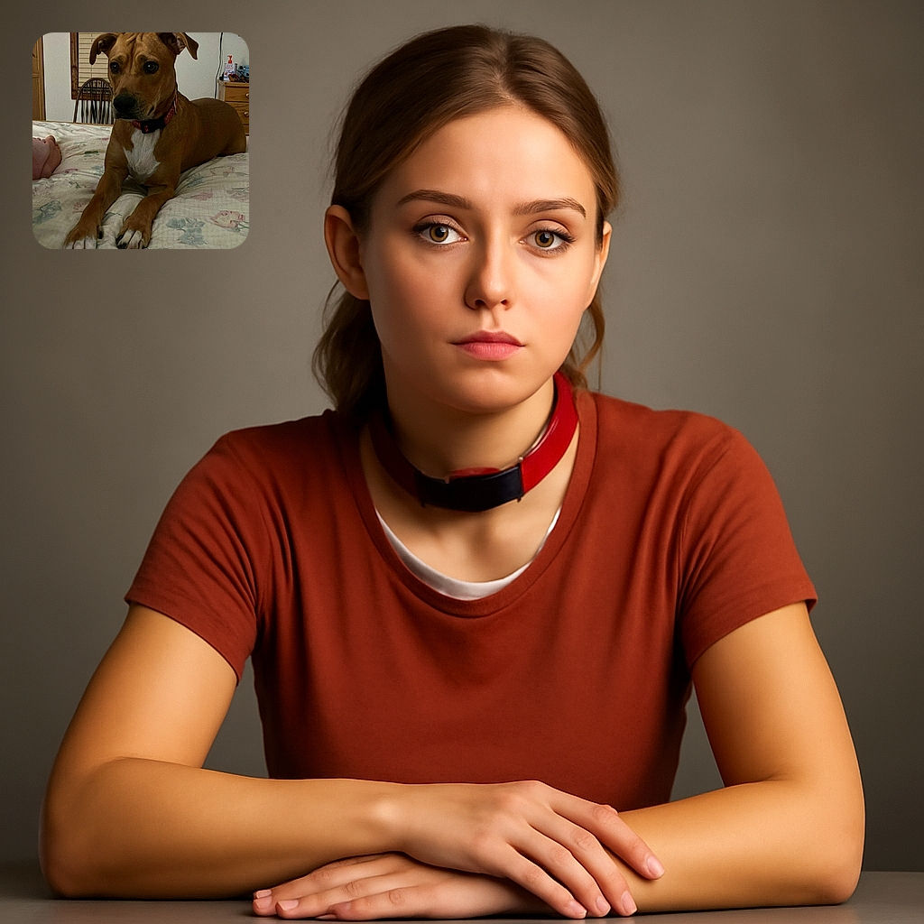 A curious dog with a reddish-brown coat and white chest lies on a floral bedspread, gazing intently at something off-camera. The background shows a wooden chair, closed blinds, a dresser with some items on it, and a TV screen displaying a colorful scene. The cozy indoor setting adds a homey touch to the relaxed dog portrait.