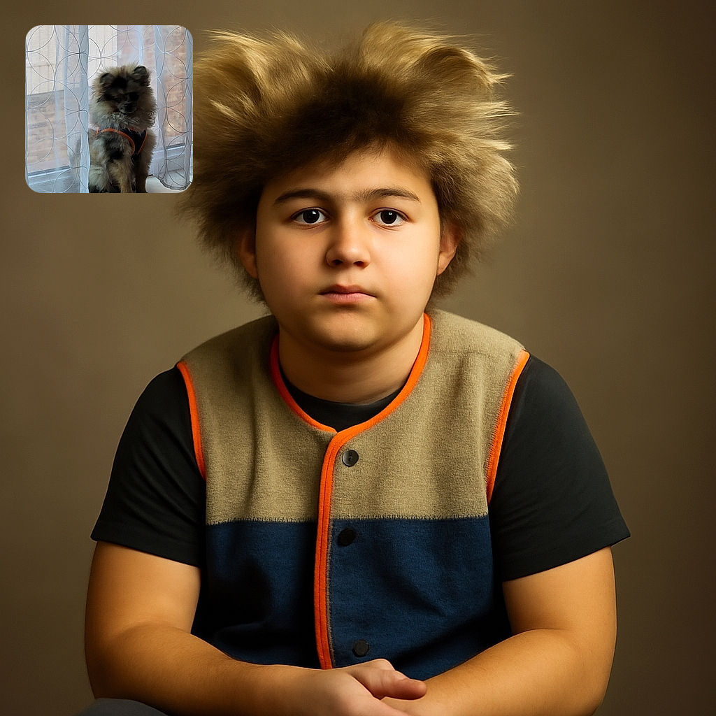 A fluffy dog wearing a harness sits quietly by a window behind sheer curtains with a circular pattern, looking a bit shy or contemplative in soft natural light.