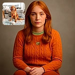 A golden retriever sits patiently on a floral patterned rug in a cozy living room, with a cupcake-shaped dog toy in front. The background features a grey couch with pillows and a throw blanket, a wicker basket, and a standing lamp, creating a warm and inviting atmosphere.