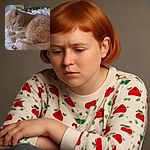 A fluffy orange cat is curled up on a colorful patterned bedspread, looking contemplative and cozy in a softly lit room.