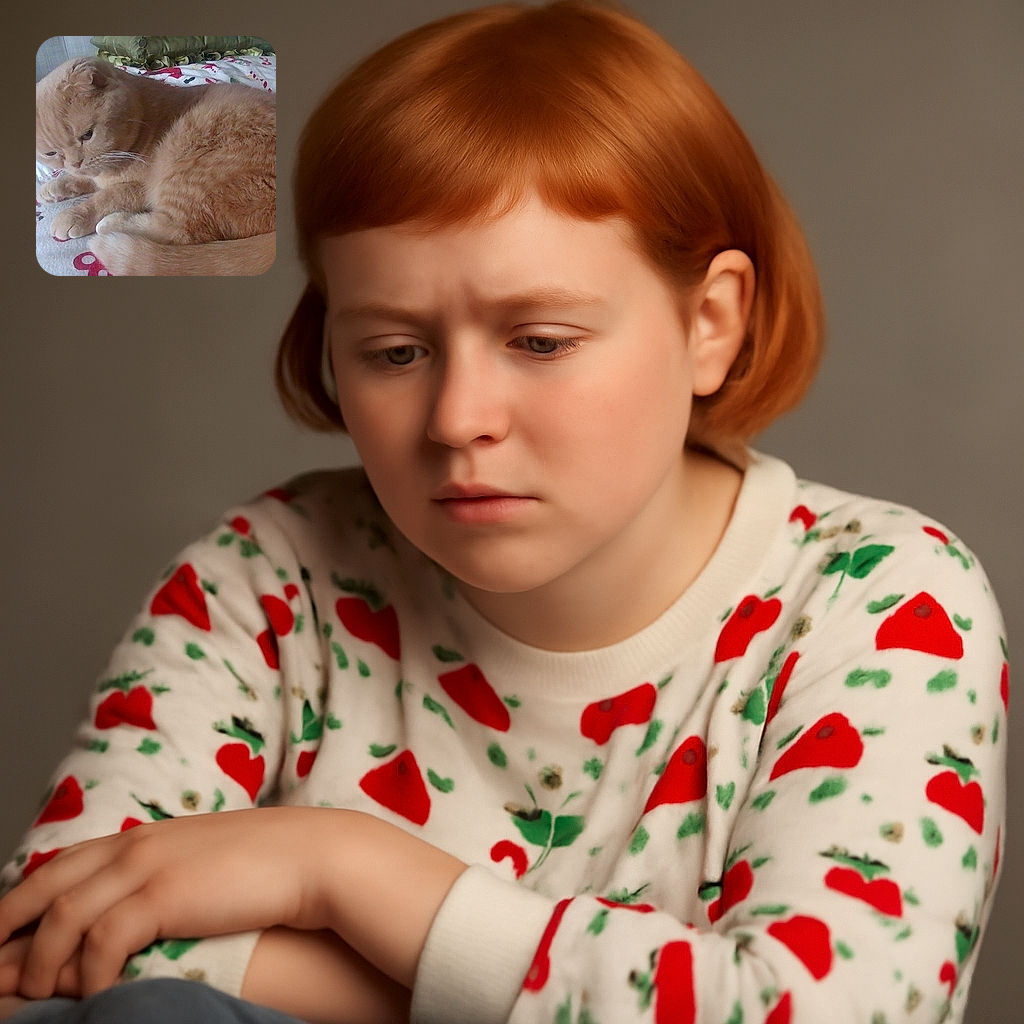 A fluffy orange cat is curled up on a colorful patterned bedspread, looking contemplative and cozy in a softly lit room.