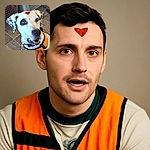 A charming white dog with black spots wearing a bright orange harness looks up with soulful eyes, sporting a cute red heart sticker on its forehead, set against a tiled floor and some metal grids in the background.