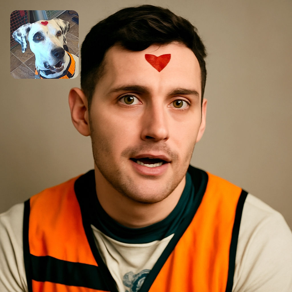A charming white dog with black spots wearing a bright orange harness looks up with soulful eyes, sporting a cute red heart sticker on its forehead, set against a tiled floor and some metal grids in the background.