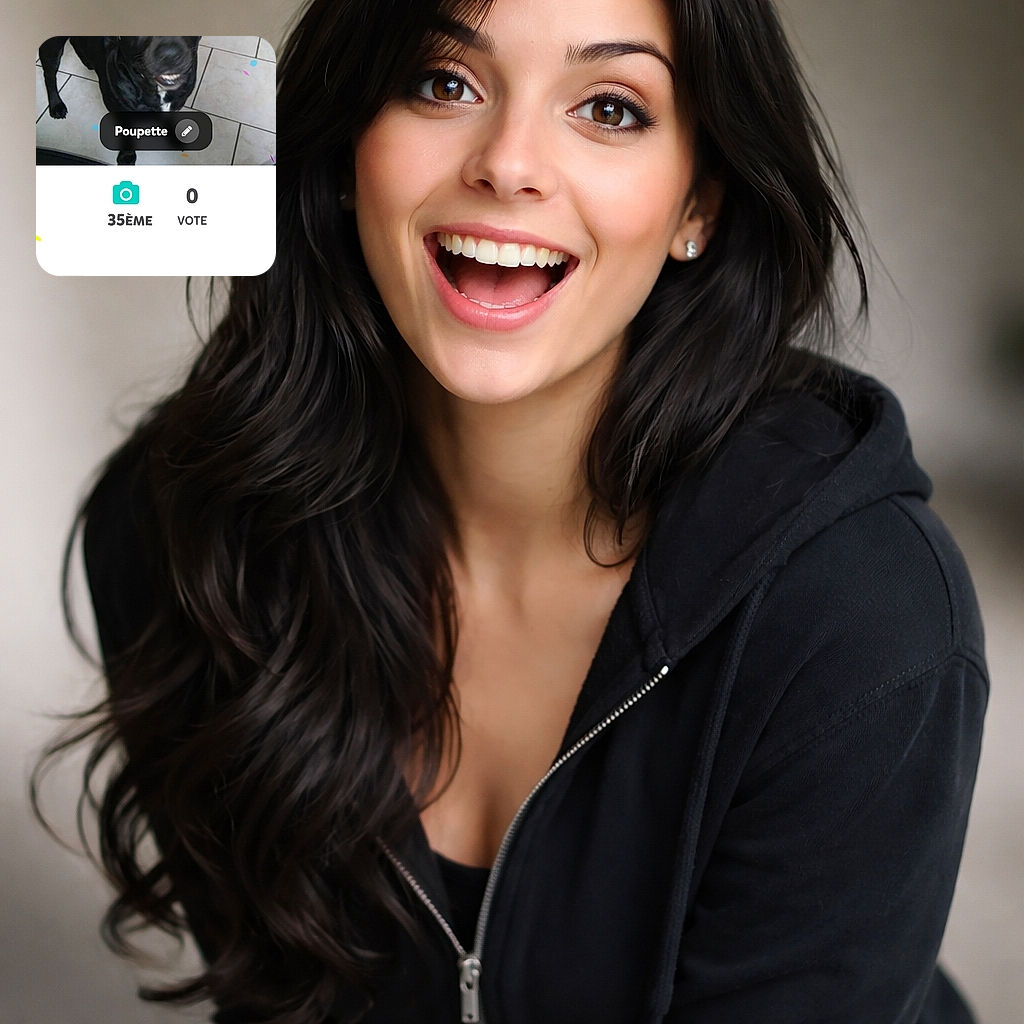 A black dog wearing a green party hat stands on a tiled floor looking up with a slightly blurry expression. The photo is a screenshot of a pet contest webpage, showing the dog's name 'Poupette' and voting details, with various UI elements and ads visible around the image.