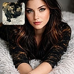 A close-up of a beautiful tortoiseshell cat lounging on a fluffy white rug, its striking green eyes locked onto the camera with an intense, curious gaze. The intricate patterns of its fur contrast sharply with the soft texture of the rug, creating a cozy yet captivating scene.
