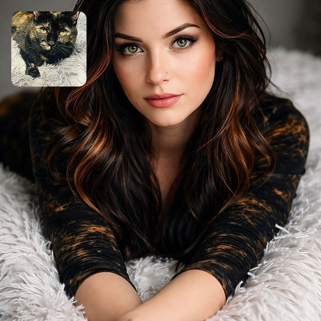 A close-up of a beautiful tortoiseshell cat lounging on a fluffy white rug, its striking green eyes locked onto the camera with an intense, curious gaze. The intricate patterns of its fur contrast sharply with the soft texture of the rug, creating a cozy yet captivating scene.
