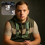 A curious dog with a half-brown, half-white face and a reflective green harness stares directly at the camera, sitting on a wooden floor in a cozy room with pet bowls and shelves in the background.