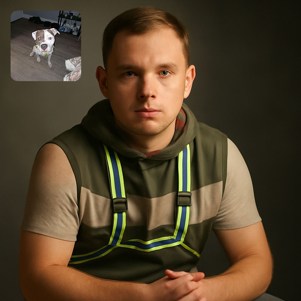 A curious dog with a half-brown, half-white face and a reflective green harness stares directly at the camera, sitting on a wooden floor in a cozy room with pet bowls and shelves in the background.